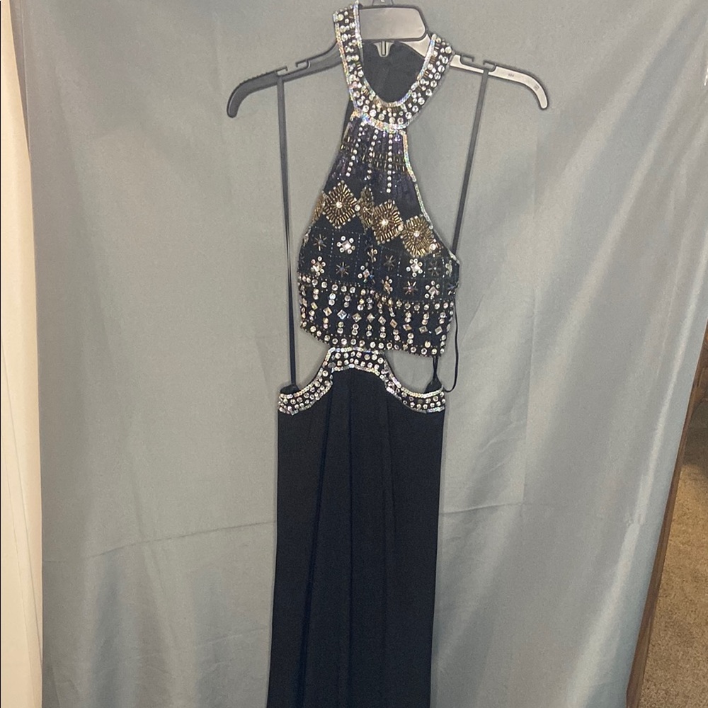 Xscape Black and Gold Embellished Prom Dress